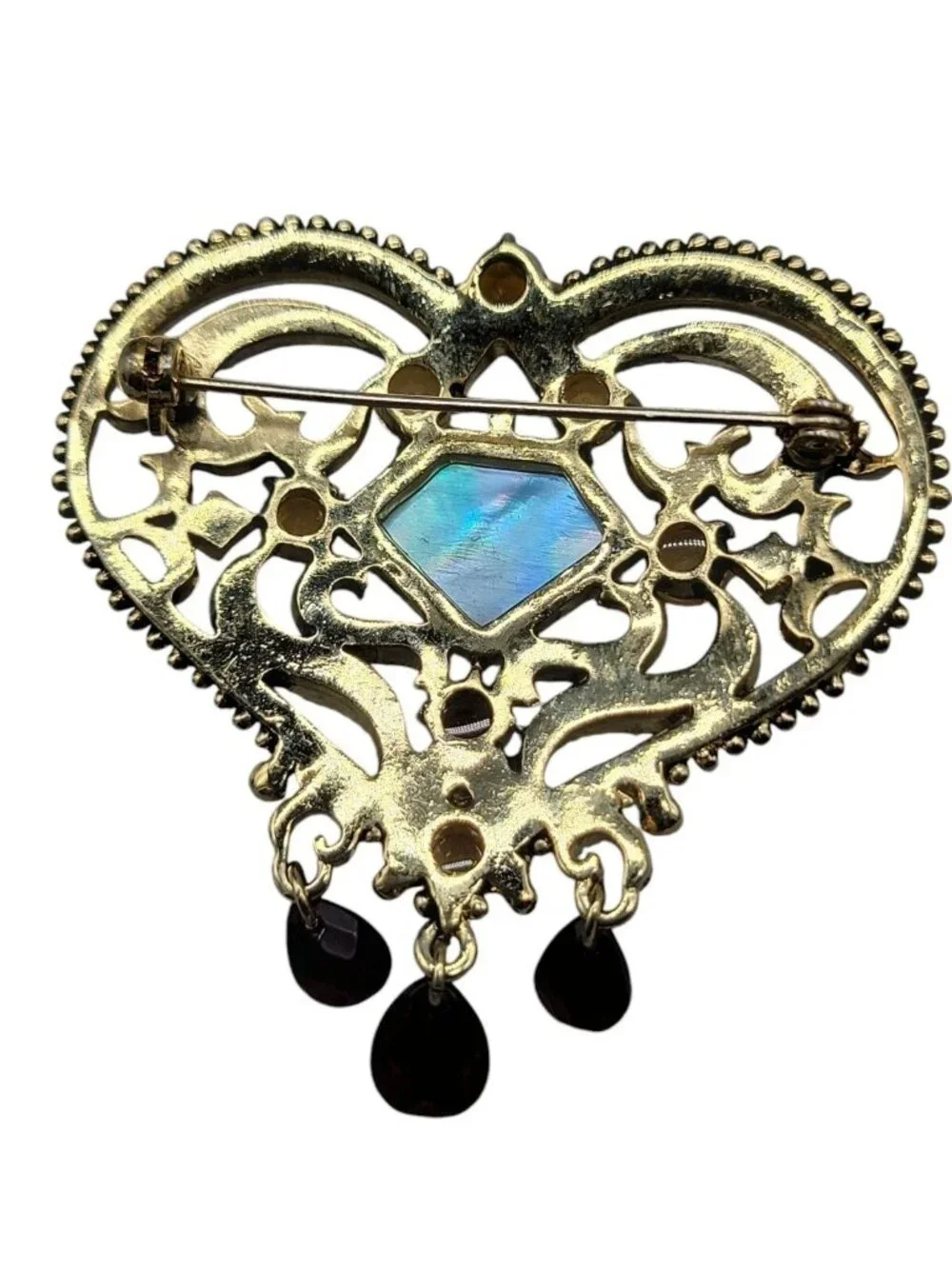 Gold Plated Enamel Heart Pin Green Chalcedony Dangle Glass Rhinestone Art Deco